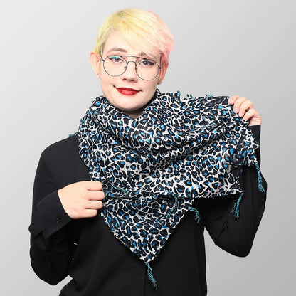 Tuch Leopardenmuster Blau Halstuch Damen Mode Boho Accessoires Fransen Schal