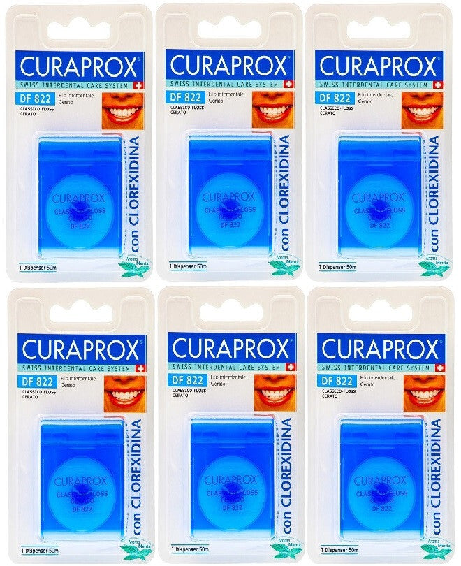 6 x Curaprox Floss Zahnseide 50 m DF822 gewachst mit Chlorhexidin TOP