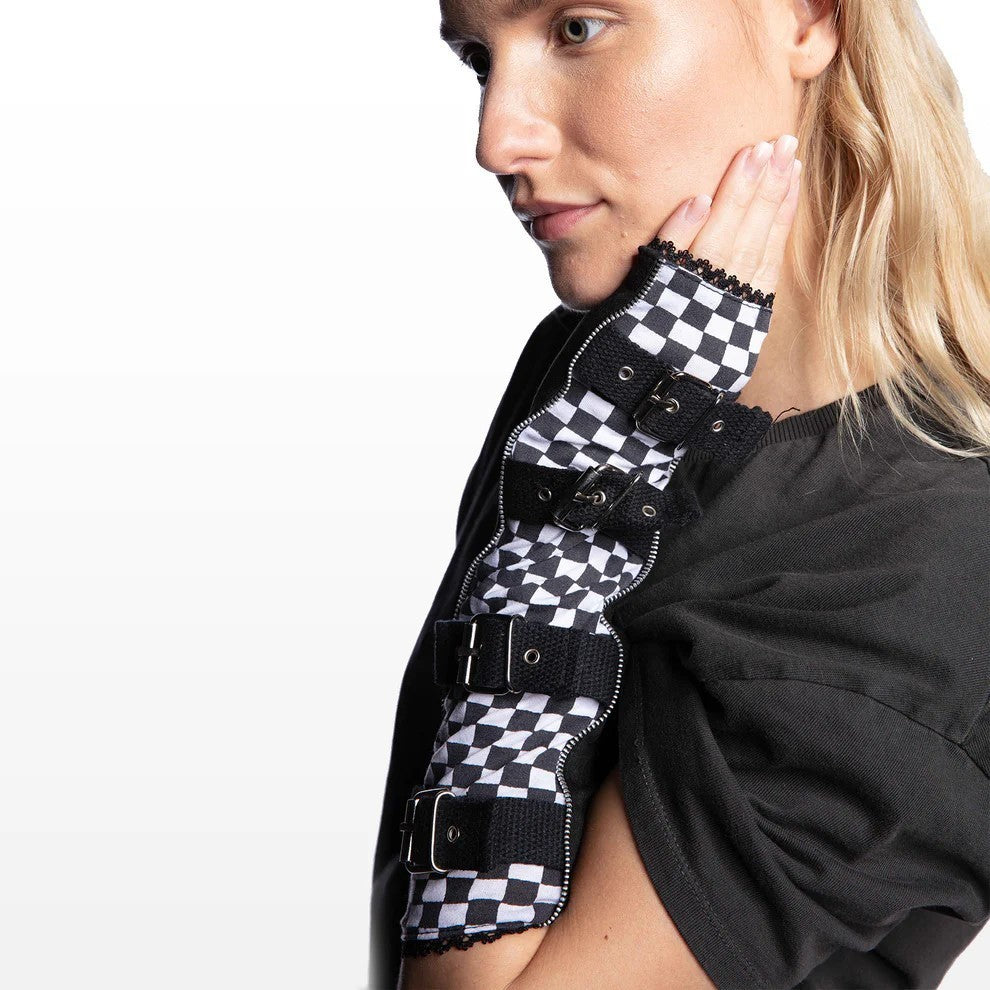 Armstulpen mit Metallschnallen Schwarz Weiß Schachbrett Karo Gothic Punk Rocker