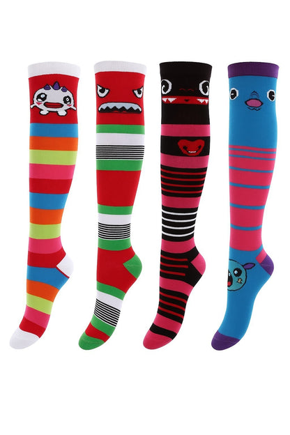 4er Set Overknee Socken bunt mit Monster Strümpfe Kniestrümpfe Baumwolle