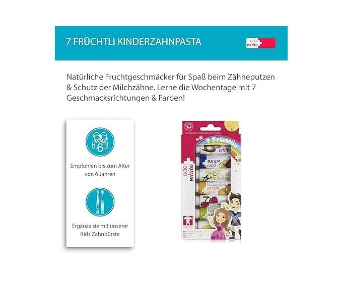 edel+white 7 Früchtli Zahnpasta Kinder mit 4 Kinderzahnbürsten Ultrasoft Borsten