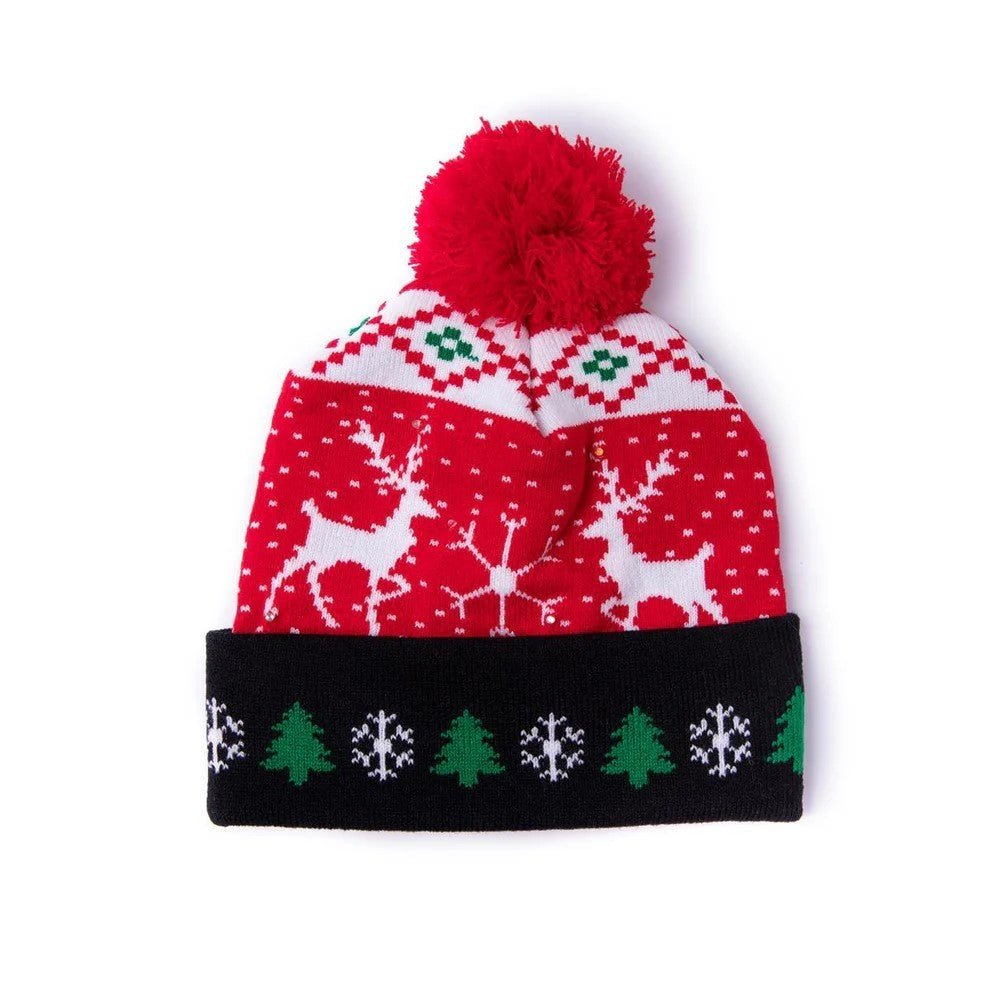 2er Set LED Licht Mütze Rotes Rentier & HoHoHo Weihnachtsmütze Weihnachten Strickmütze