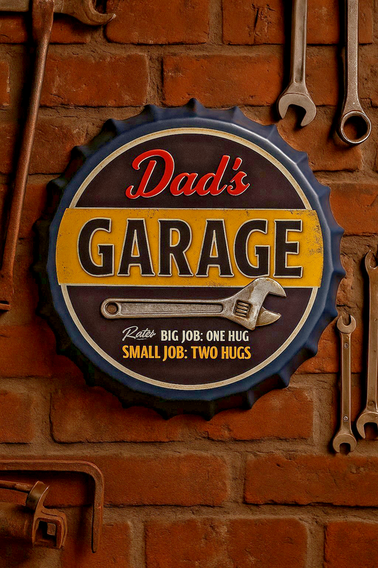 Blechschild Dad´s Garage Blau Kronkorken Design Ø 35 cm Vintage Retro Wandschild