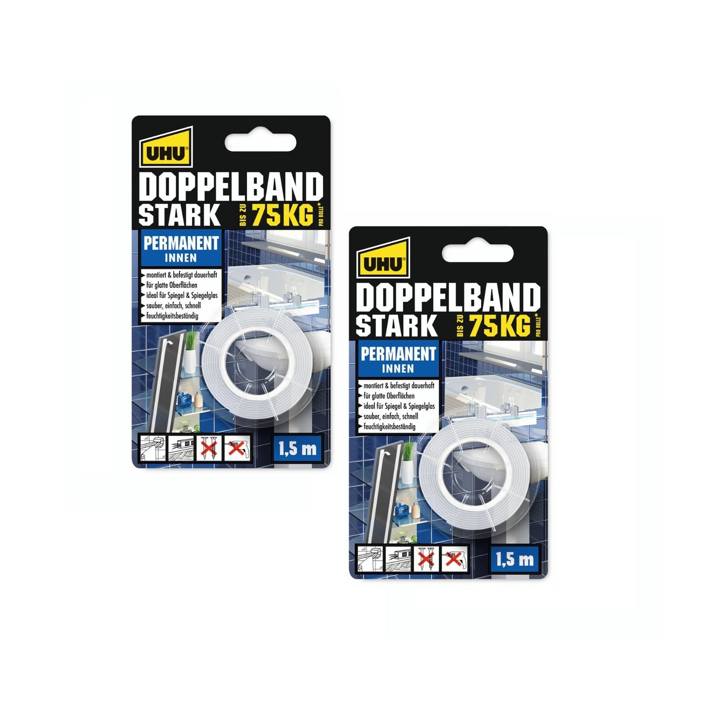 2x Uhu Doppelband Stark bis 75kg 1,5m x 19mm Permanent Innen Montage Klebeband