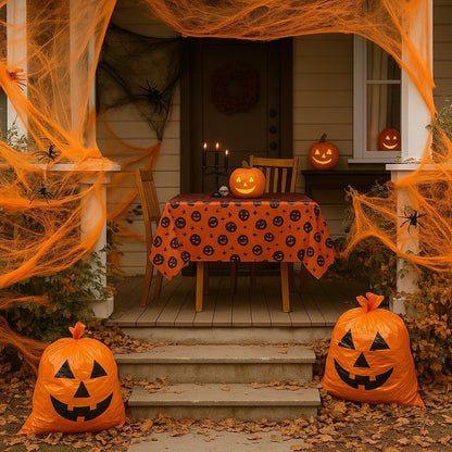 Halloween Deko Box Set Spinnennetz Orange 700g - Tischdecke Orange - Laubsäcke