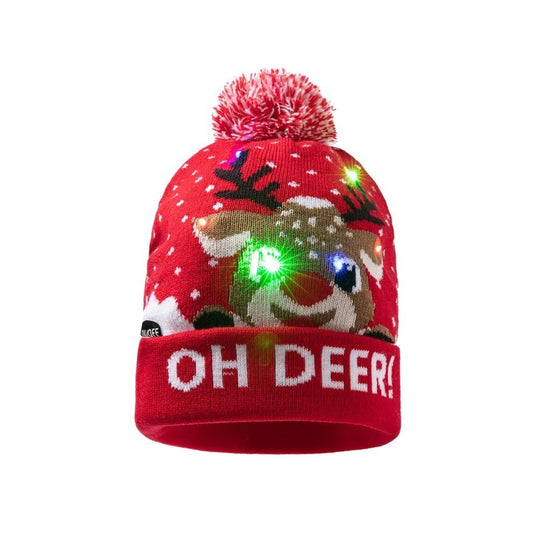 LED Licht Mütze Oh Deer Weihnachtsmütze Weihnachten Bommel Beanie Strickmütze Leuchtet