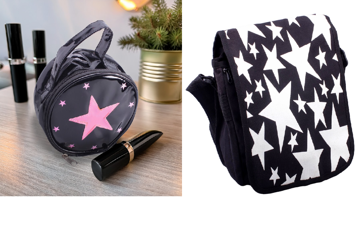 Taschen-Set Damen Schultertasche Handtasche Kosmetiktasche Sterne schwarz weiß rosa