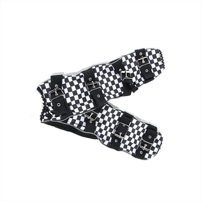 Armstulpen mit Metallschnallen Schwarz Weiß Schachbrett Karo Gothic Punk Rocker