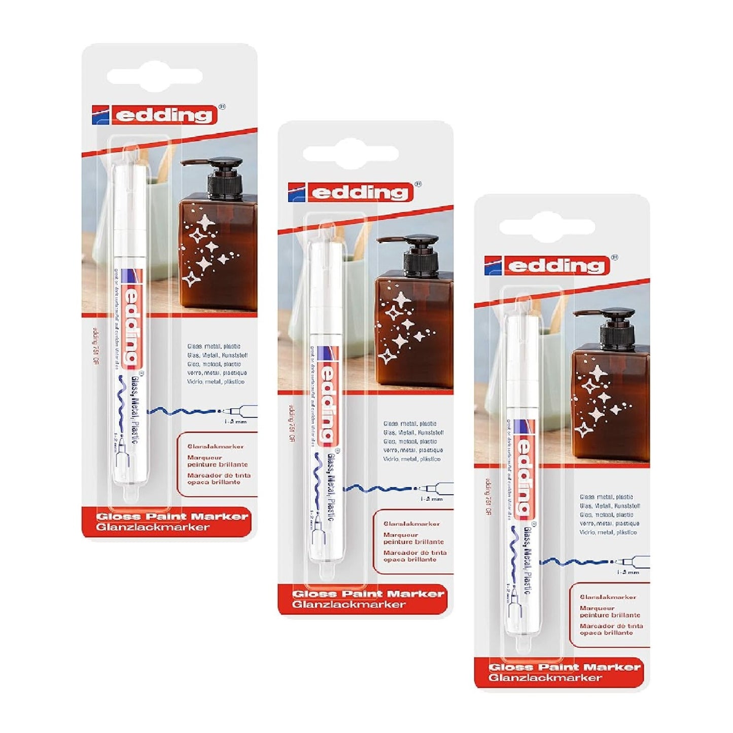 3x Edding Glanzlackmarker Weiß 1-2 mm Lackstift Permanent wasserfest Rundspitze