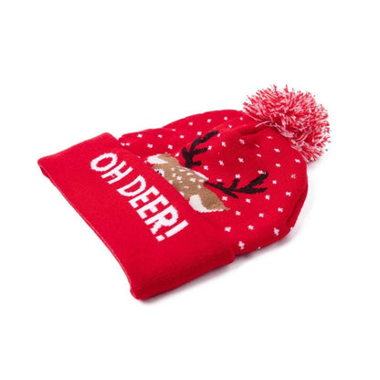 LED Licht Mütze Oh Deer Weihnachtsmütze Weihnachten Bommel Beanie Strickmütze Leuchtet