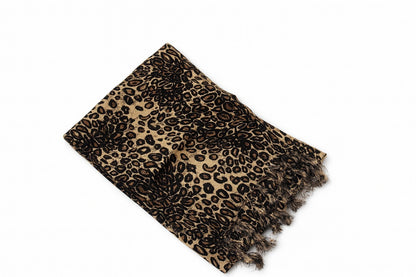 Schal Tuch Leoparden Muster Braun Fransen Halstuch Animal Print Kopftuch Mode