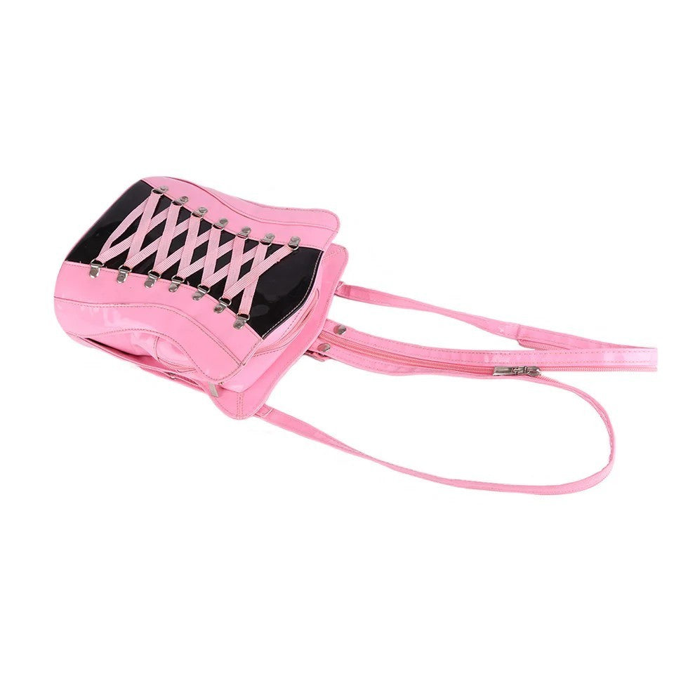 Rucksack im Korsett Design Pink Lack Backpack Schultertasche Handtasche Tasche Mode Damen
