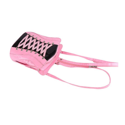 Rucksack im Korsett Design Pink Lack Backpack Schultertasche Handtasche Tasche Mode Damen