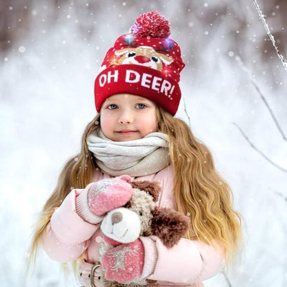 LED Licht Mütze Oh Deer Weihnachtsmütze Weihnachten Bommel Beanie Strickmütze Leuchtet