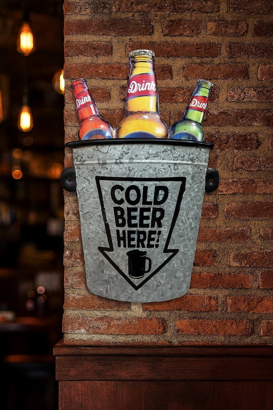 Blechschild Cold Beer Here 55x36 cm Drink Bier Eimer Deko Diner Kneipe Pub Retro