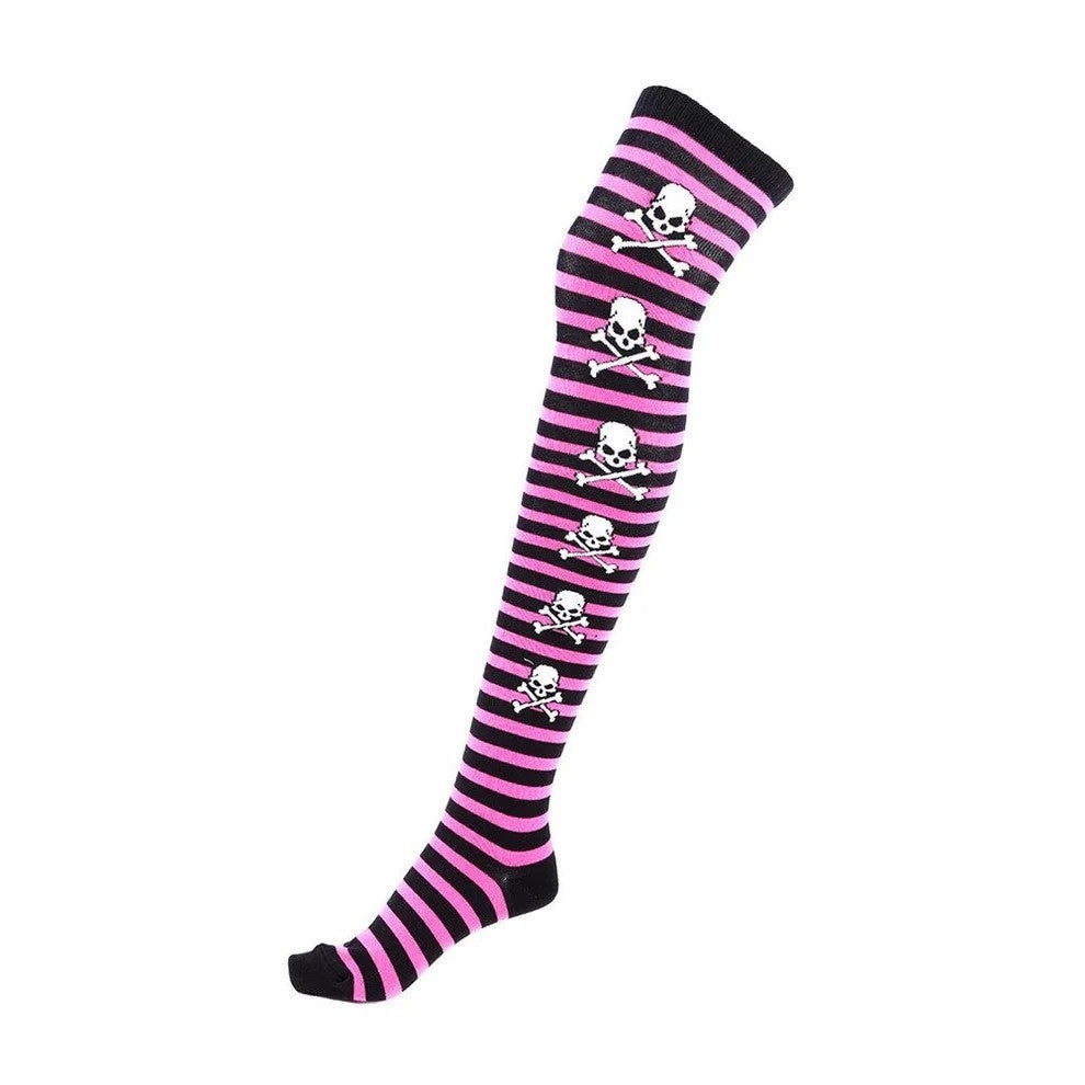 Overknee Socken Rosa / Schwarz Gestreif mit Totenköpfe Strümpfe Kniestrümpfe