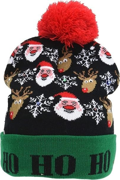 2er Set LED Licht Mütze Rotes Rentier & HoHoHo Weihnachtsmütze Weihnachten Strickmütze
