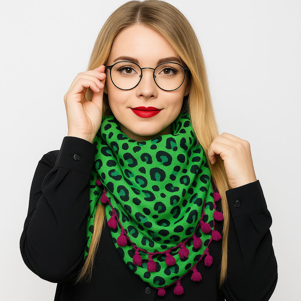 4er Set Leo Tücher Damen Halstuch Pompons Animal Print Boho  Boho Festival Schal