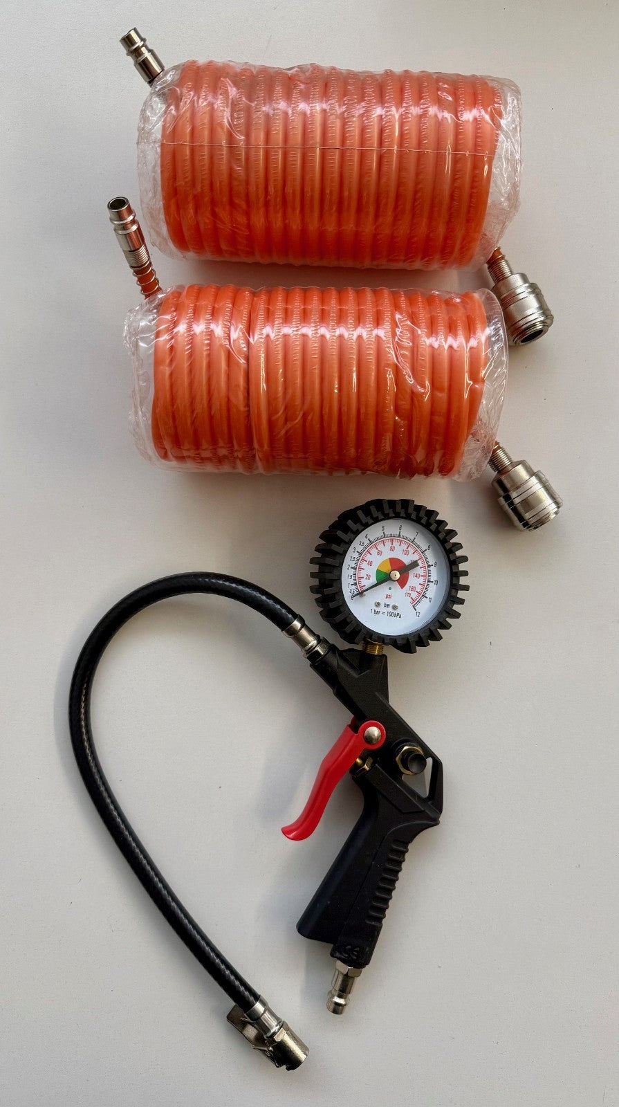 Set 1x Luftdruckmesser + 2x Druckluftschlauch Spiralschlauch je 5m Reifen Auto
