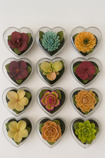 12er Set Blumenseife grün in herzförmigen Klarsichtboxen Duftend Deko Geschenk