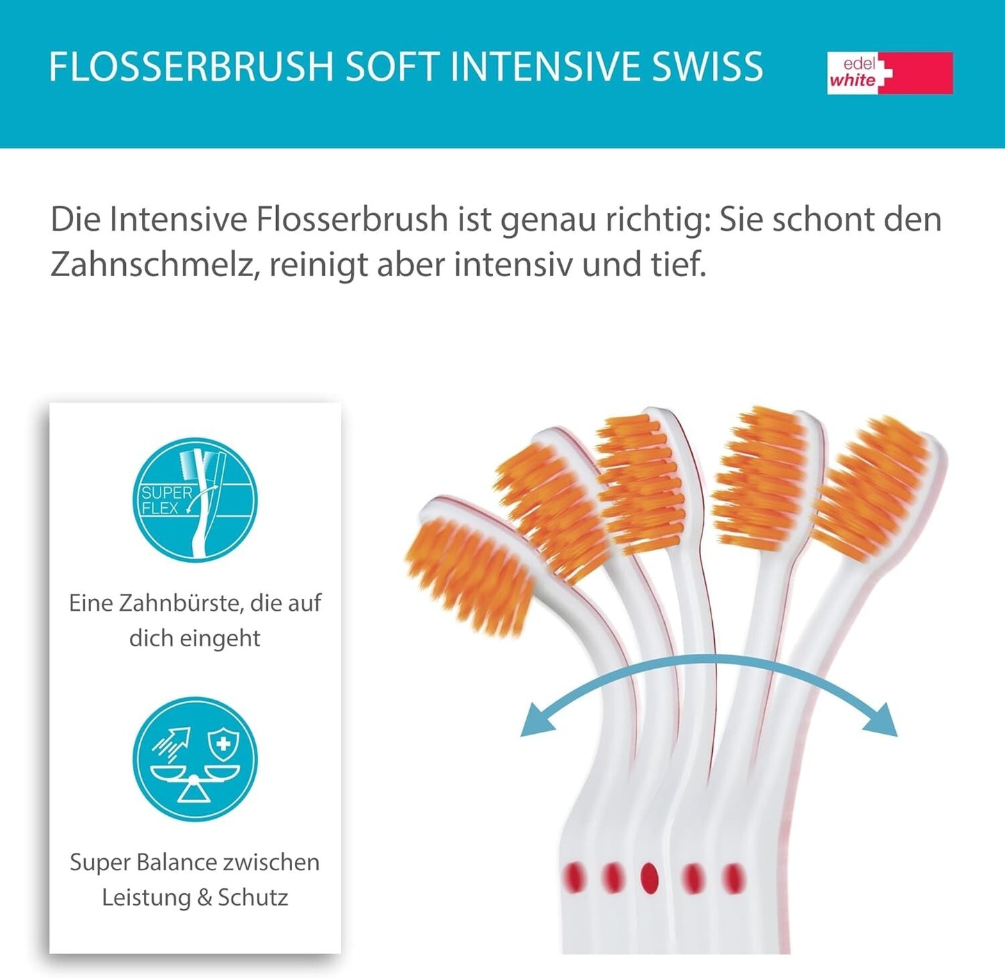 Original edel+white Zahnpflege Set – 4 Zahnbürsten + Zahnpasta + Zahnseide