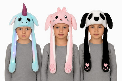 3er Set LED Mütze Einhorn / Katze / Panda Wackelohr Plüsch Bewegliche Ohren