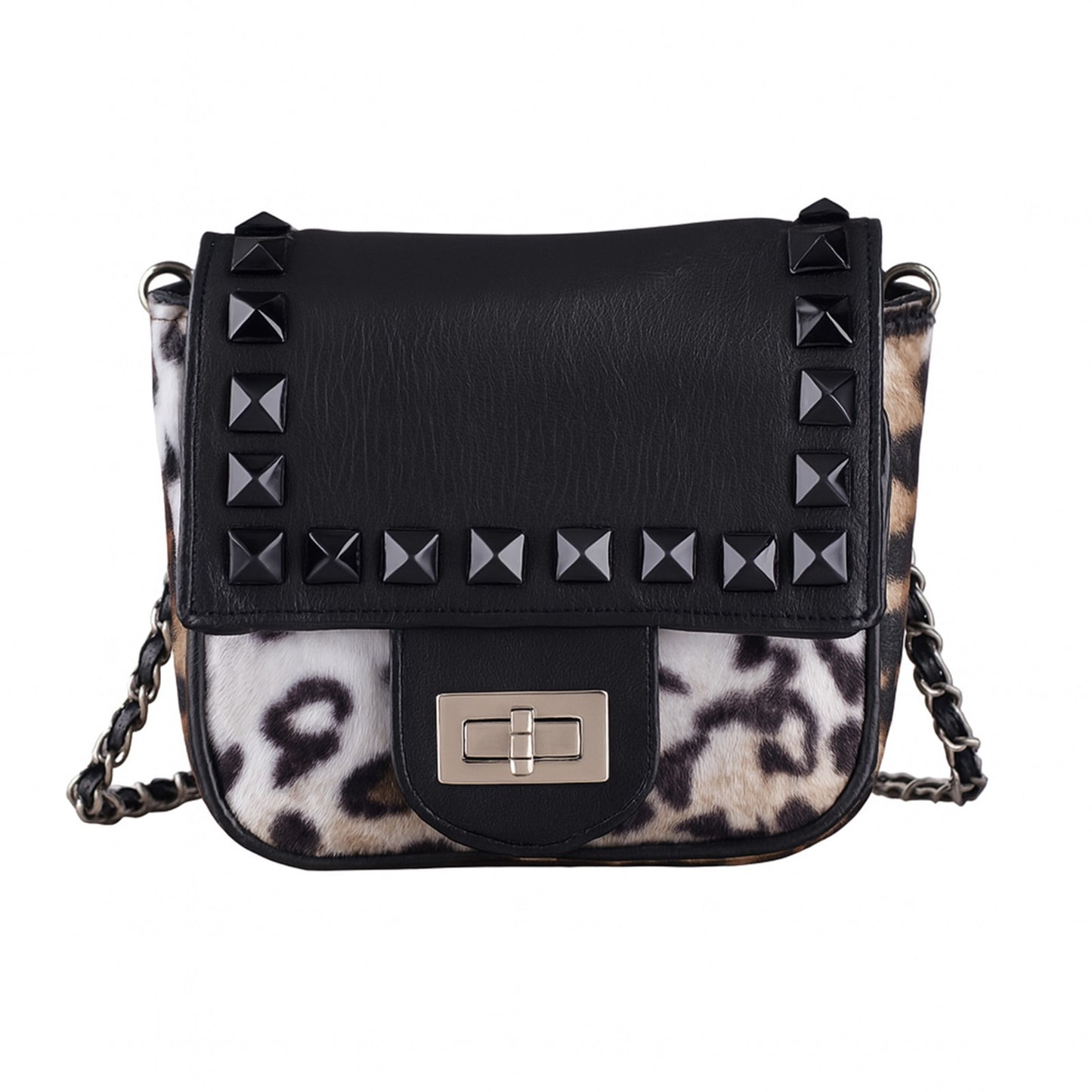 Umhängetasche Leopard Schwarz/Braun/Weiß Plüsch Tasche Studs Crossbody Damen