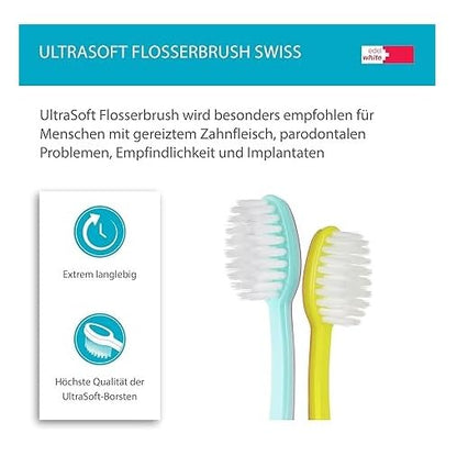 2x Edel+White Flosserbrush Ultrasoft Zahnbürsten | Konex HD Borsten für empfindliches Zahnfleisch & gründliche Zahnreinigung | Swiss Made