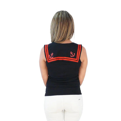 Damen Sailor Top mit Schleife – Schwarz Rot – Rockabilly Girly Shirt im Seemanns-Look – Größe S/M – Retro Oberteil Matrosenstil