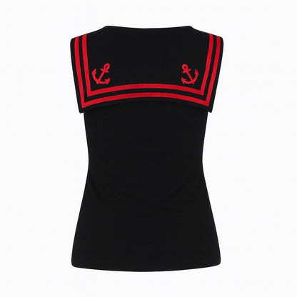 Damen Sailor Top mit Schleife – Schwarz Rot – Rockabilly Girly Shirt im Seemanns-Look – Größe S/M – Retro Oberteil Matrosenstil