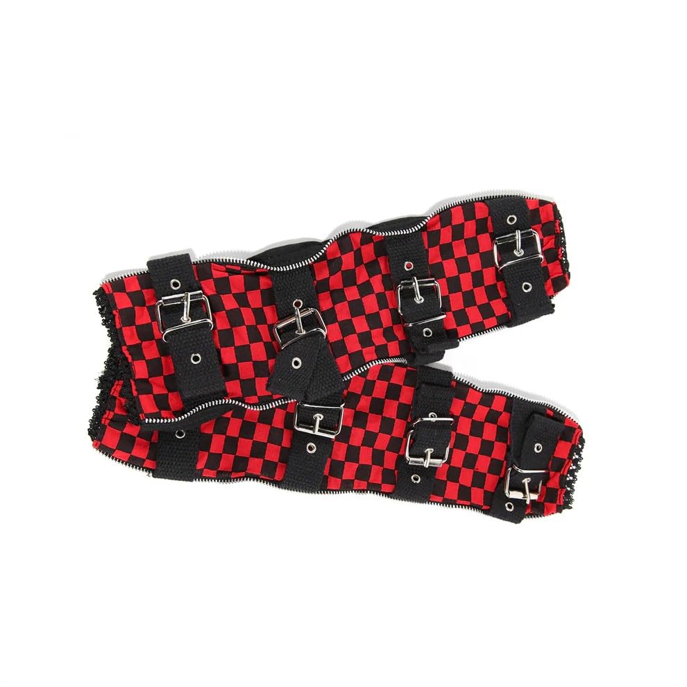 Armstulpen Gothic Punk – Schwarz Rot mit Metallschnallen & Schachbrett-Karo | Rocker Accessoires Unisex