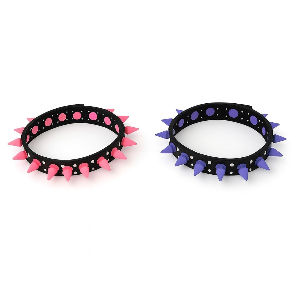 2er Set Choker Halsbänder – Pink & Lila mit Spikes – Verstellbarer Punk Gothic Emo Festival Schmuck