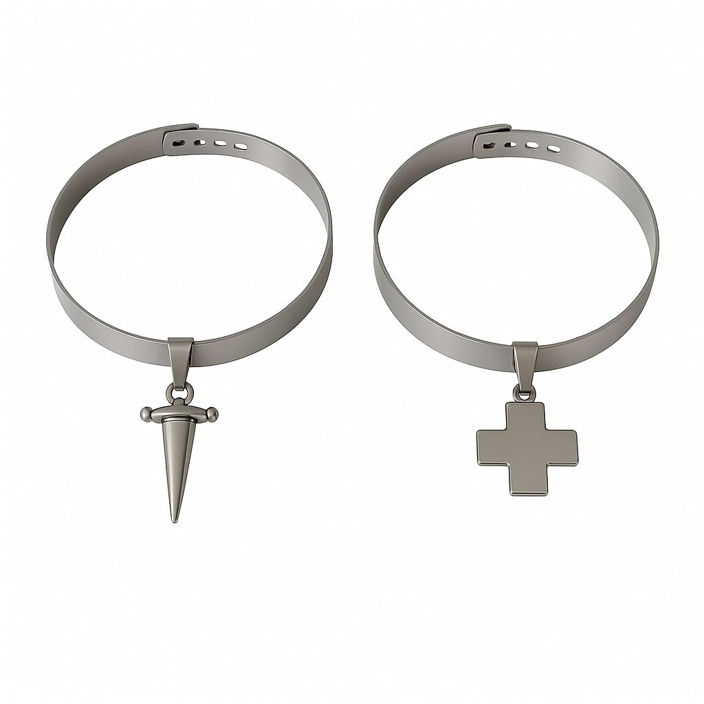 2er Set Choker Halsbänder – mit Schwert & Kreuz Anhänger – Verstellbarer Gothic Punk Festival Schmuck