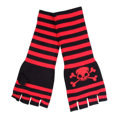 Fingerlose Handschuhe mit Totenkopf – Rot Schwarz | Gothic Punk Emo Festival Handschuhe Damen & Herren