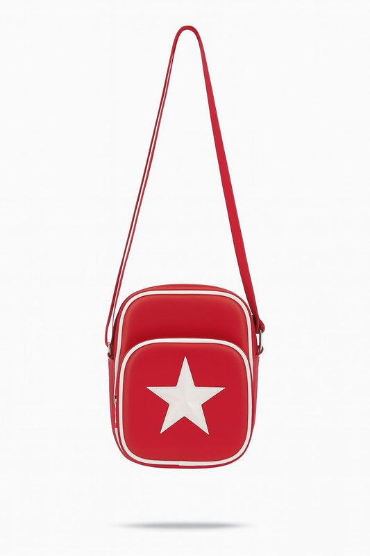Kleine Damen Umhängetasche Rot mit Stern – Modische Crossbody Schultertasche Handtasche mit Außentasche – Retro Style – 15x18x9 cm