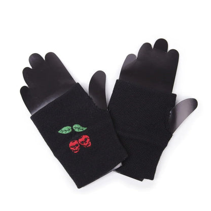 Fingerlose Handschuhe Schwarz mit Totenkopf Skull & Kirschen – Gothic Punk Emo Rockabilly Festival Accessoire