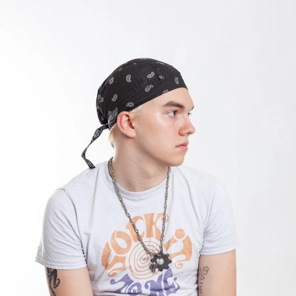 Schwarzes Bandana Kopftuch mit Paisley Muster – Unisex Biker Tuch, Piratentuch, Baumwolle, Sommer Sonnenschutz