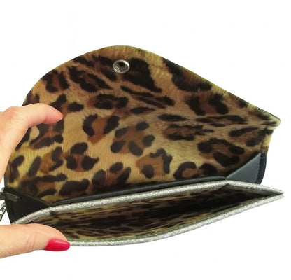 Handtasche Damen Schwarz Gold mit Kette – Leopard Innenfutter | Rockabilly Pochette Clutch Abendtasche Retro Vintage