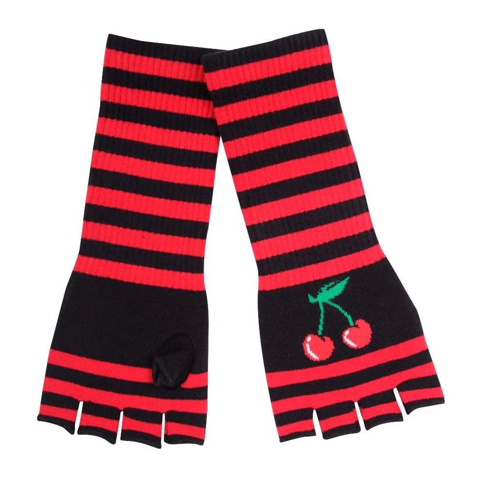 Fingerlose Lange Handschuhe – Schwarz / Rot Gestreift mit Kirschen – Rockabilly Punk Gothic Accessoire für Damen