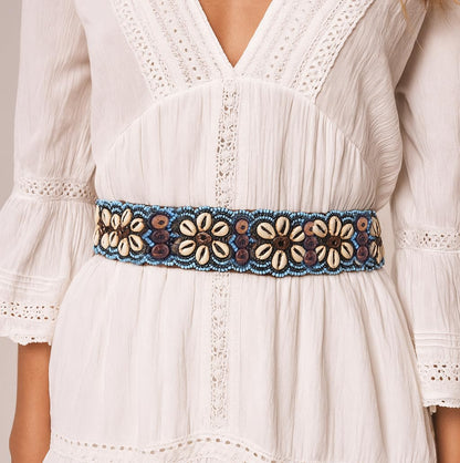 Boho Muschelgürtel Damen Schwarz/Blau – Handgefertigter Taillen- & Hüftgürtel Gürtel mit Muscheln im Blumendesign – Hippie Look
