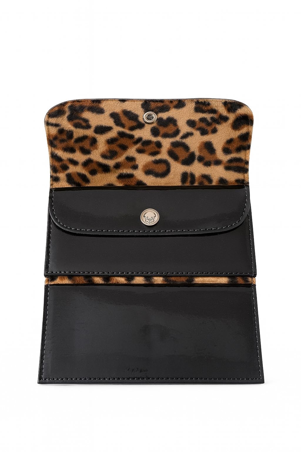 Schwarze Lack Geldbörse mit Leopard-Innenfutter – Vintage Damen Portemonnaie – Retro Accessoire im Rockabilly Stil