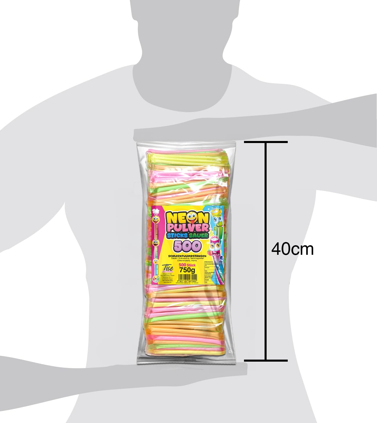 Tise Süsswaren Neon Pulversticks Karneval Fasching Wurfmaterial Brause Pulver Stangen Schleckpulver, 500 Stück (750g)