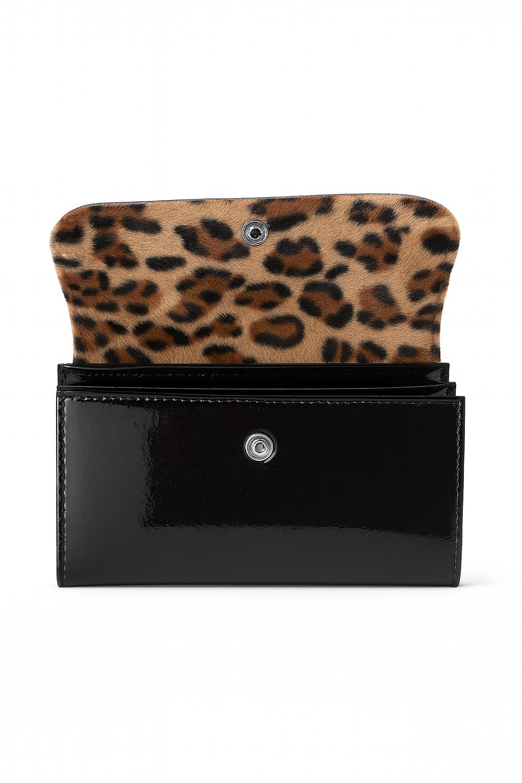 Schwarze Lack Geldbörse mit Leopard-Innenfutter – Vintage Damen Portemonnaie – Retro Accessoire im Rockabilly Stil
