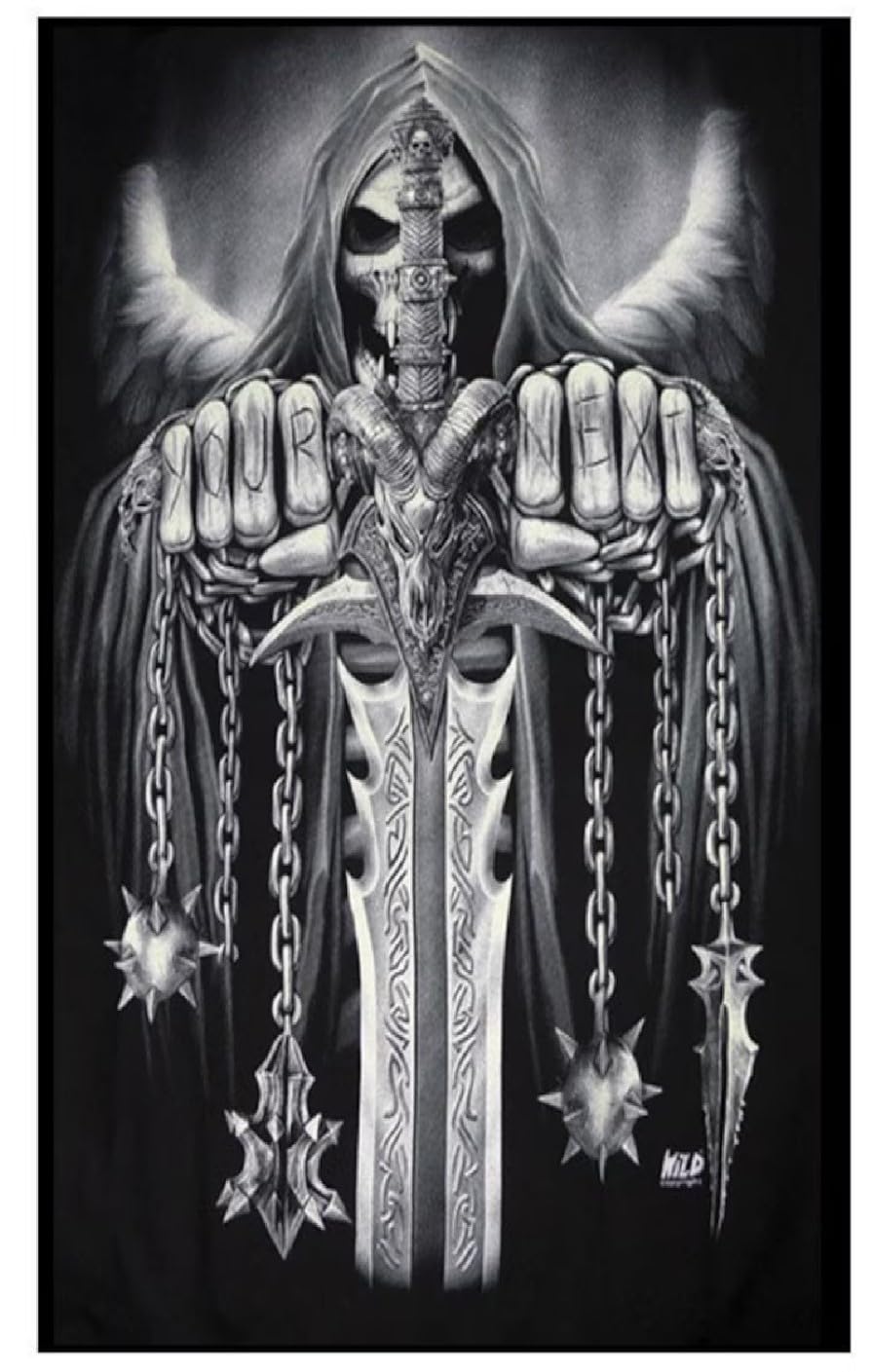Fleecedecke „Your Next“ – Grim Reaper Totenkopf mit Schwert & Ketten – Gothic Horror Kuscheldecke – Schwarze Decke mit Sensenmann Motiv