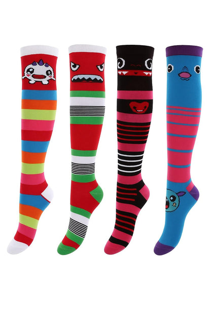 4er Set Overknee Socken – Bunte Monster Strümpfe aus Baumwolle, Lustige Kniestrümpfe im Cartoon Design, Weich & Dehnbar, Ideal für Alltag, C