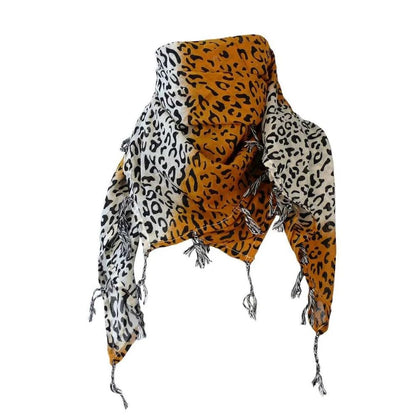 Damen Tuch mit Leopardenmuster Bicolor Braun/Weiß – Halstuch/Schal mit Fransen im Animal-Print