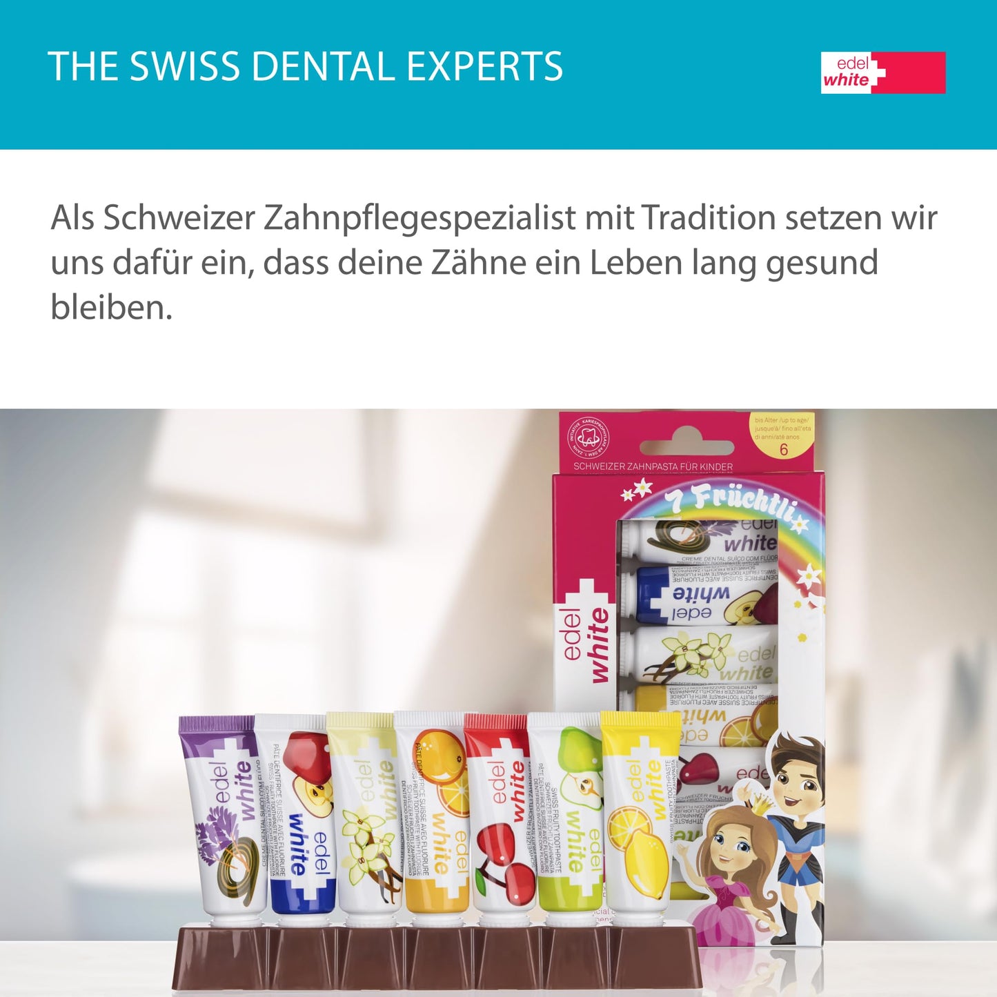 edel+white 7 Früchtli Zahnpasta Kinder 7 x 9,4 mm I Kinder Zahnpasta empfohlen bis zu 6 Jahren I Zahnreinigung für die Kleinen mit 7 Geschmäckern