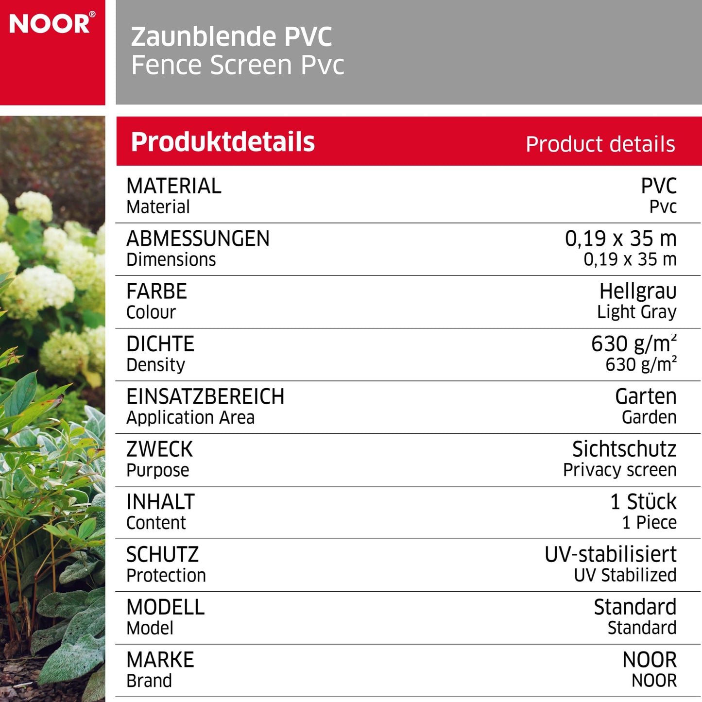 NOOR Sichtschutzstreifen PVC Blickdicht für Doppelstabmattenzaun - Zaunsichtschutz Rolle 0,19x35 m - blickdichter Wind- & Sichtschutz für Garten Terrasse - Zaunblende 630 g/m² inkl. 28 Klemmschienen