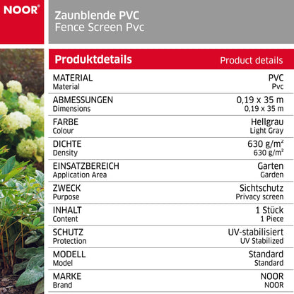 NOOR Sichtschutzstreifen PVC Blickdicht für Doppelstabmattenzaun - Zaunsichtschutz Rolle 0,19x35 m - blickdichter Wind- & Sichtschutz für Garten Terrasse - Zaunblende 630 g/m² inkl. 28 Klemmschienen