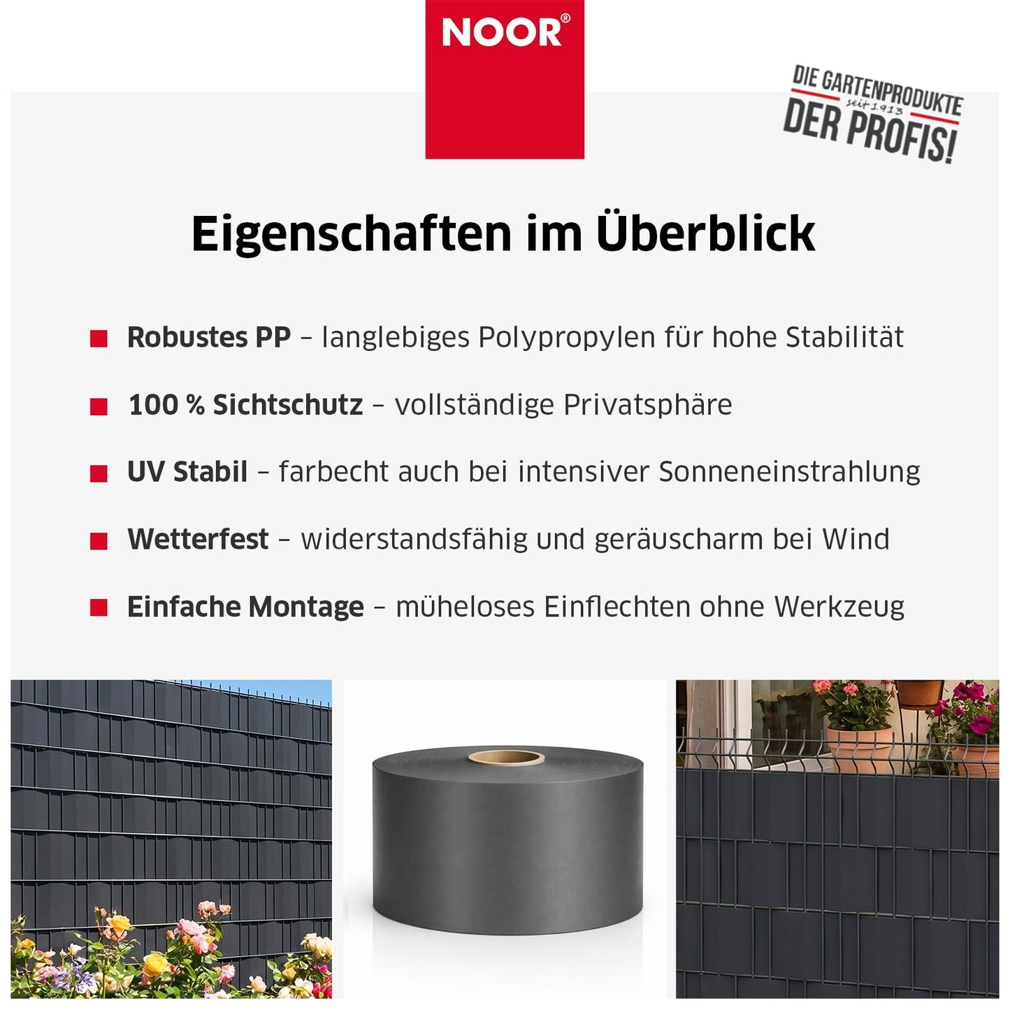 NOOR Sichtschutzstreifen PP PRO für Doppelstabmattenzaun 650 g/m² - Zaunsichtschutz Rolle 0,19x35 m - blickdichter Wind- & Sichtschutz für G